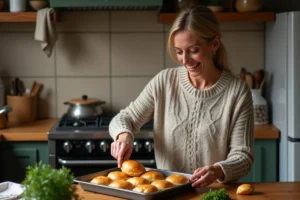 Femme en pull réchauffant une bouchée à la reine dans une cuisine chaleureuse