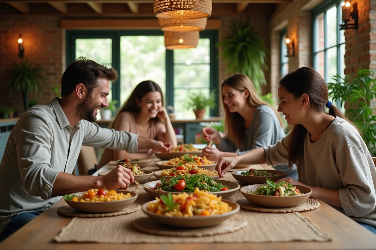 Famille réunie autour d'un repas gourmand fait maison avec des légumes rôtis et des pâtes dans une salle à manger rustique
