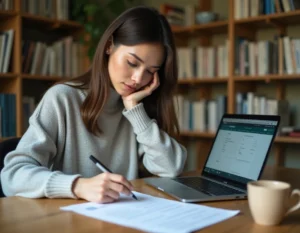 Femme consultant un formulaire de rétractation de crédit Cofidis à son bureau à domicile
