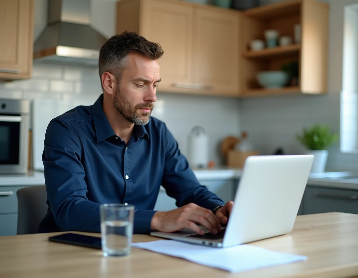 Homme effectuant une rétractation de crédit en ligne sur ordinateur portable dans une cuisine moderne