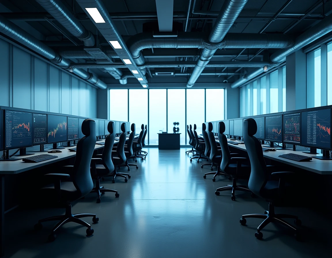 Salle de trading vide d'un fonds spéculatif de luxe avec écrans financiers allumés, bureaux noirs et sol en béton poli, ambiance inspirée de la série télévisée Billions