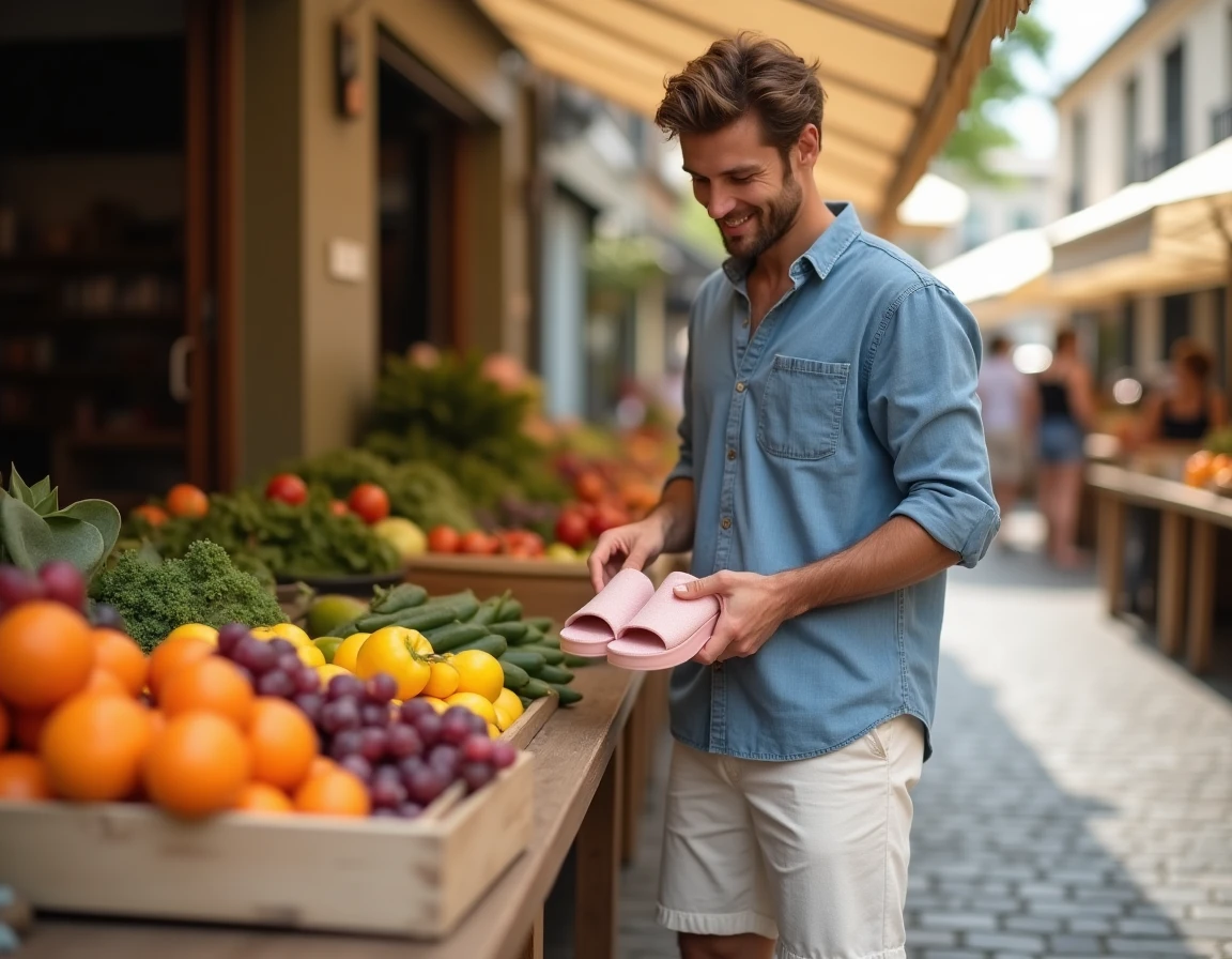 Homme tenant des sandales Billowy en mousse rose poudré dans un marché estival en plein air avec étals de producteurs