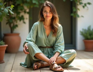 Femme portant des sandales Birkenstock Arizona en nubuck camel sur une terrasse en bois avec jardin méditerranéen en arrière-plan