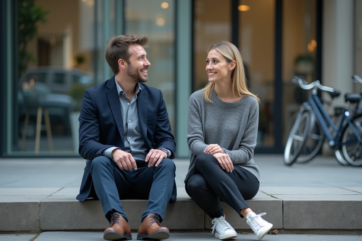 Deux collègues partageant un souvenir professionnel commun assis devant leur immeuble de bureaux