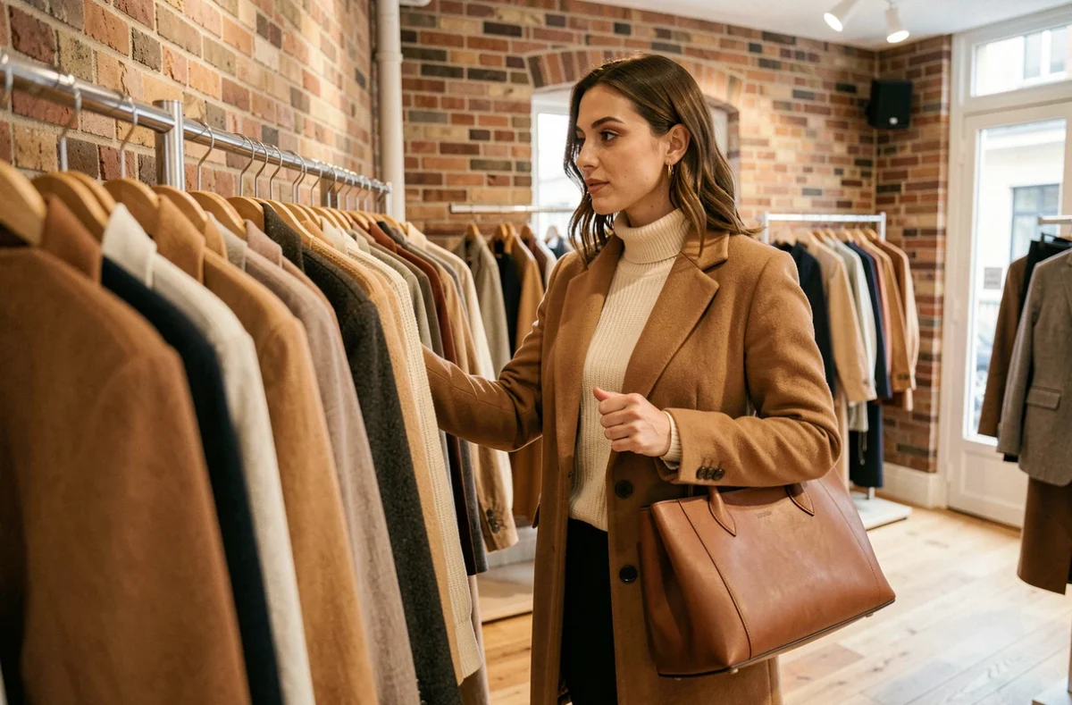 Femme élégante en manteau camel feuilletant des vêtements dans une boutique de mode parisienne aux murs en briques apparentes