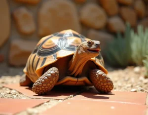 Tortue hermann en posture défensive sur des dalles en terre cuite dans un jardin méditerranéen