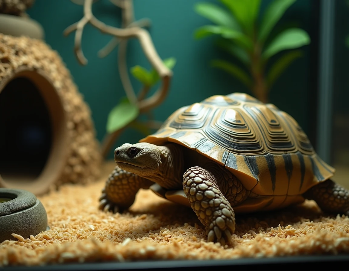 Tortue hermann stressée contre la vitre d'un terrarium intérieur aménagé