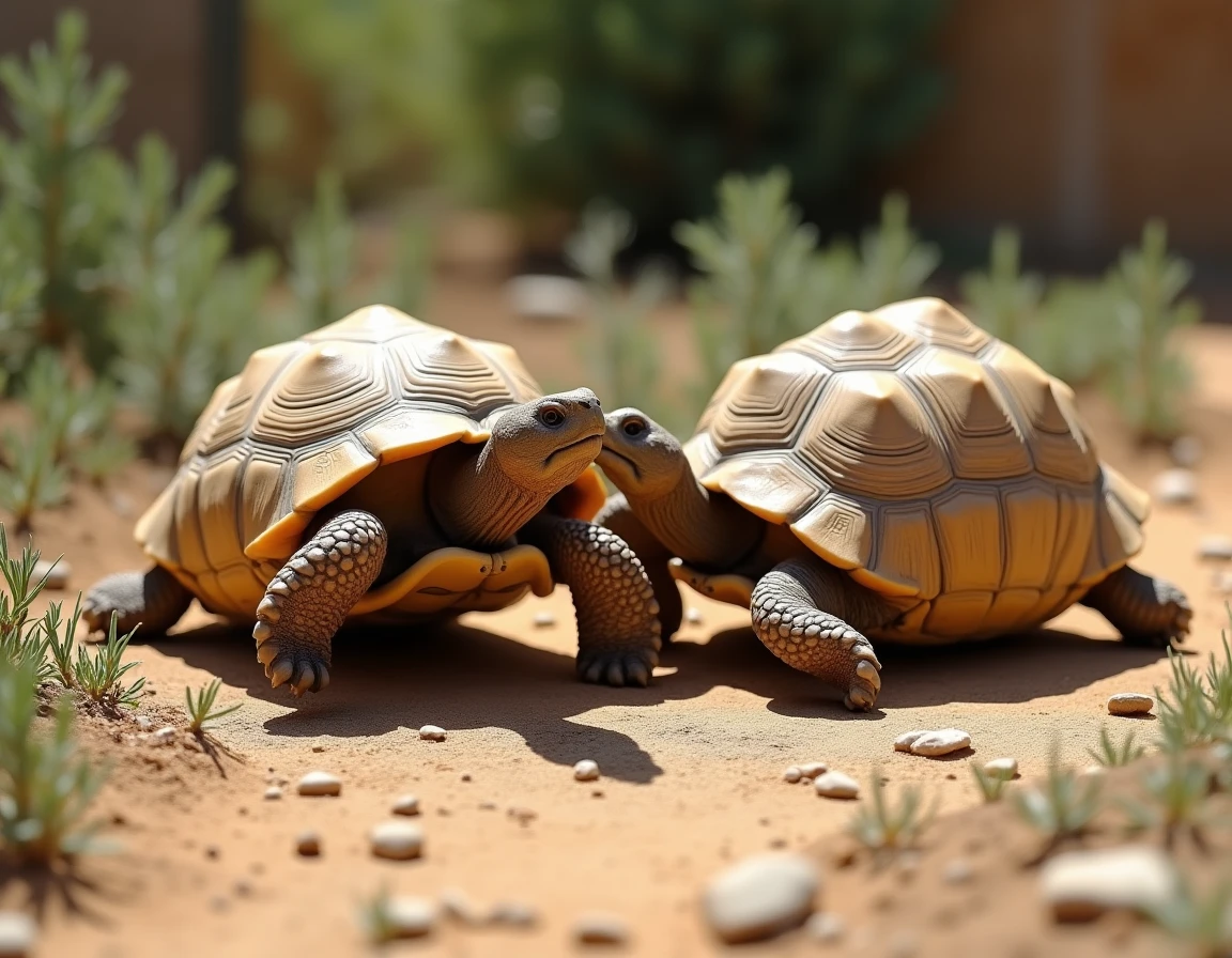Deux tortues hermann en comportement territorial dans un enclos extérieur naturel